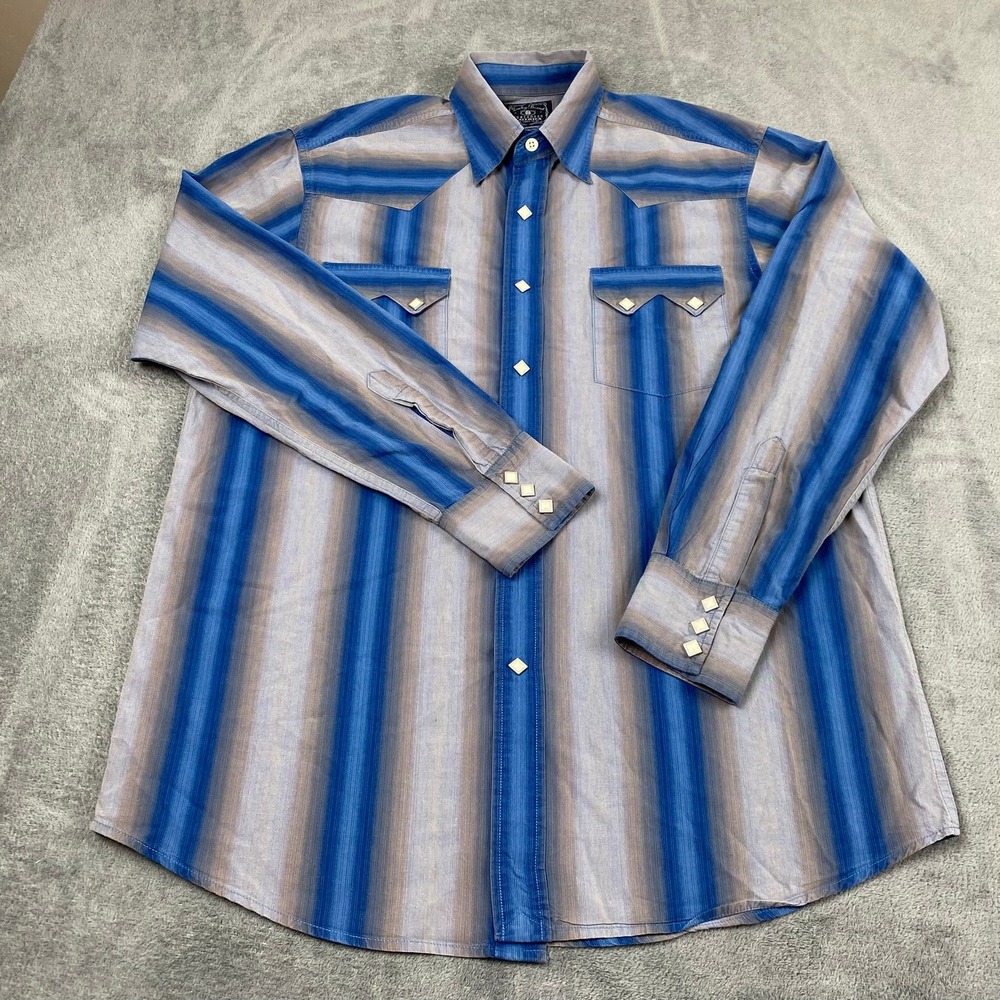 Vtg Lucky Brand Dungarees Gene Montesano M Western Shirt Blue Pearl Snap Diamond